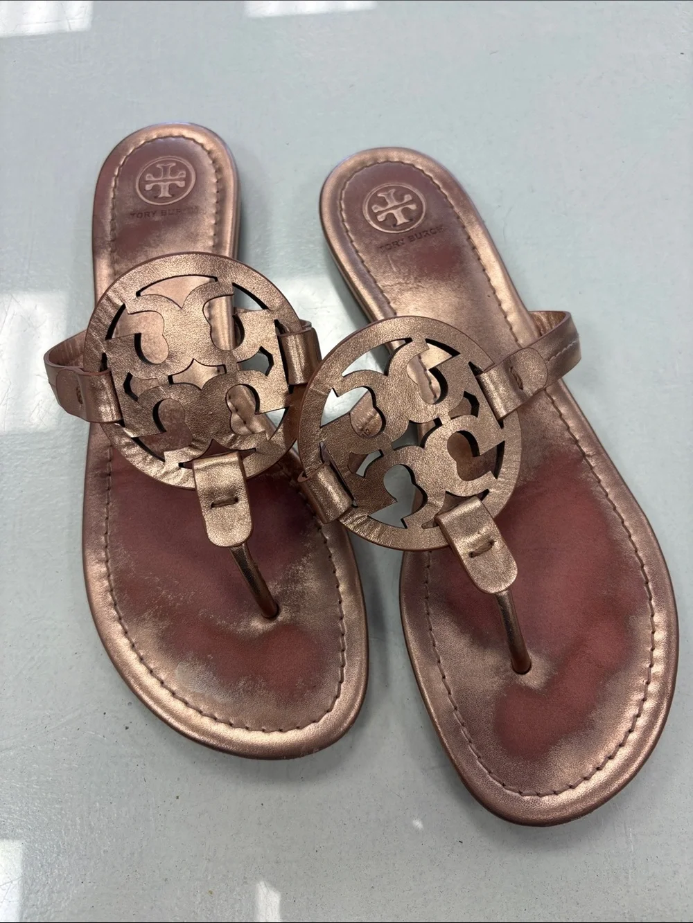 Tory Burch Rose Gold Leather Logo Sandals